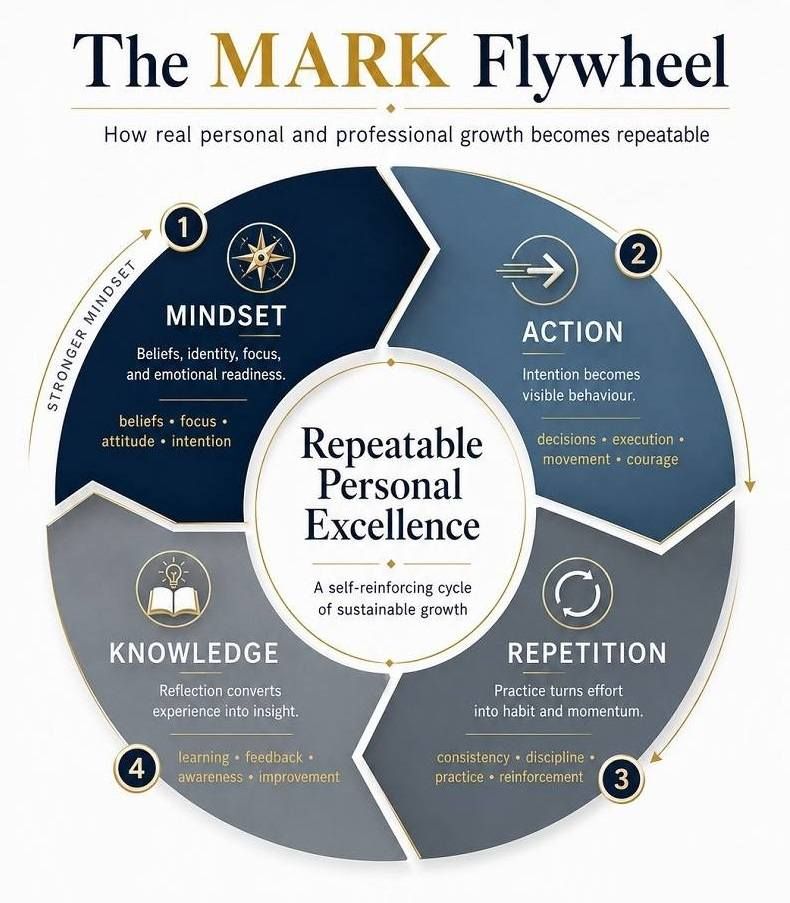 MARK Model Flywheel — Mindset Action Repetition Knowledge cycle